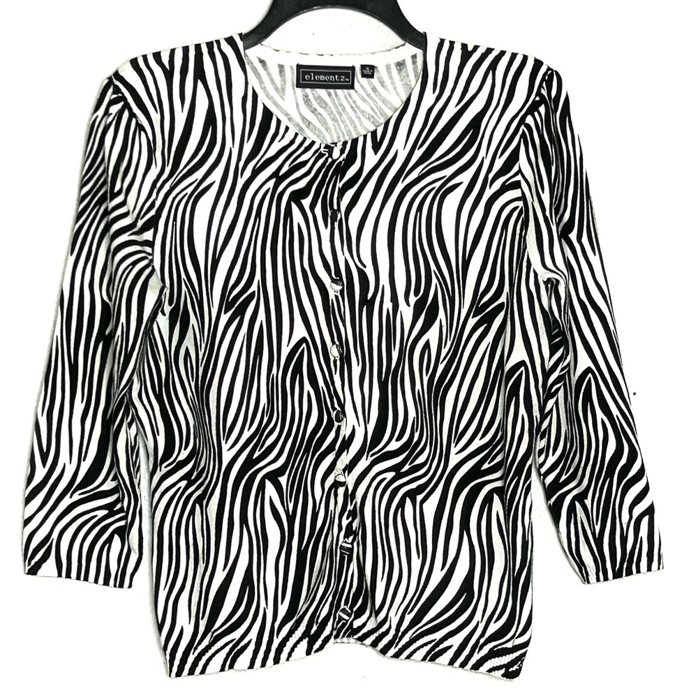 Elementz Medium Light Cardigan Pullover 3/4 Sleeve Black/White Zebra Print